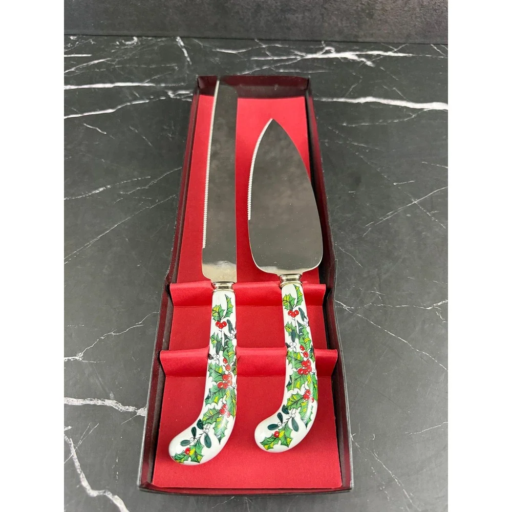 VTG Sheffield England Cake and Pastry 2-Piece Serving Set Holiday Holly Pattern